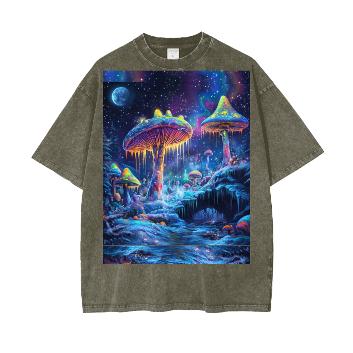 Psychedelic Winter Moonlight Muscaria Ice Space Galaxies Festival Psy Acid Wash Oversize T-Shirt - 250 GSM