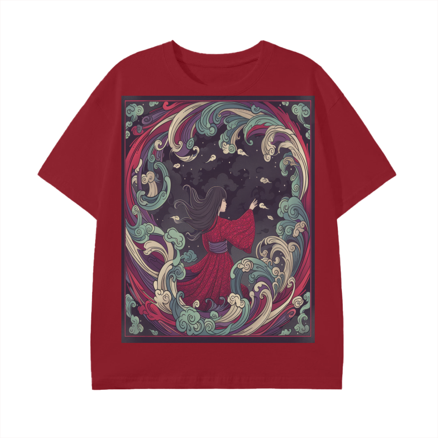 Wave Girl Ocean Night Swirl Avant Kimono Anime Graphic Print Unisex Classic T-Shirt