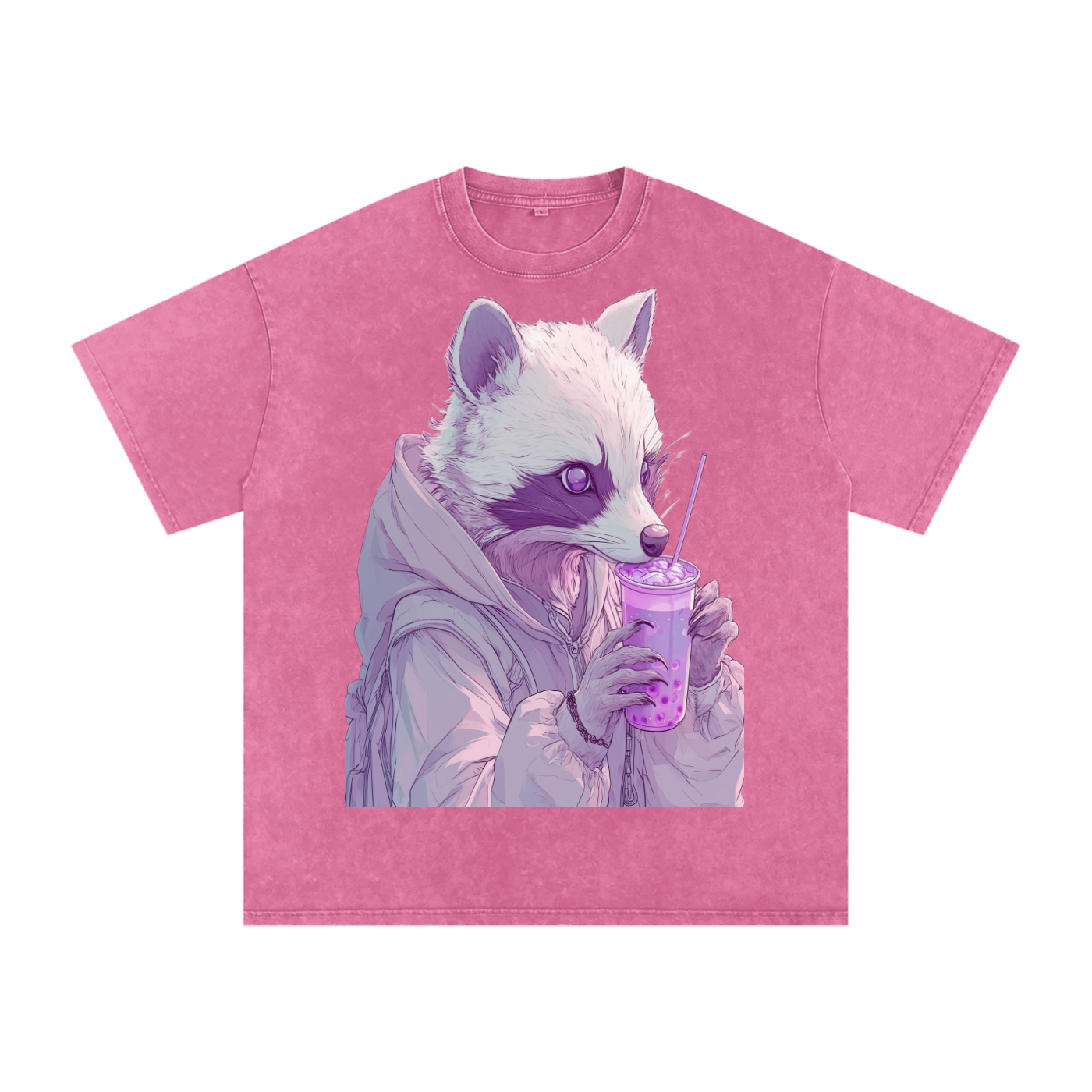 Pastel Pink Lavender Racoon Rainy Day Grunge Punk Anime Boba Tea Boyfriend fit Acid Wash Oversize T-Shirt - Cotton Acid Wash Oversize T-Shirt - 250 GSM