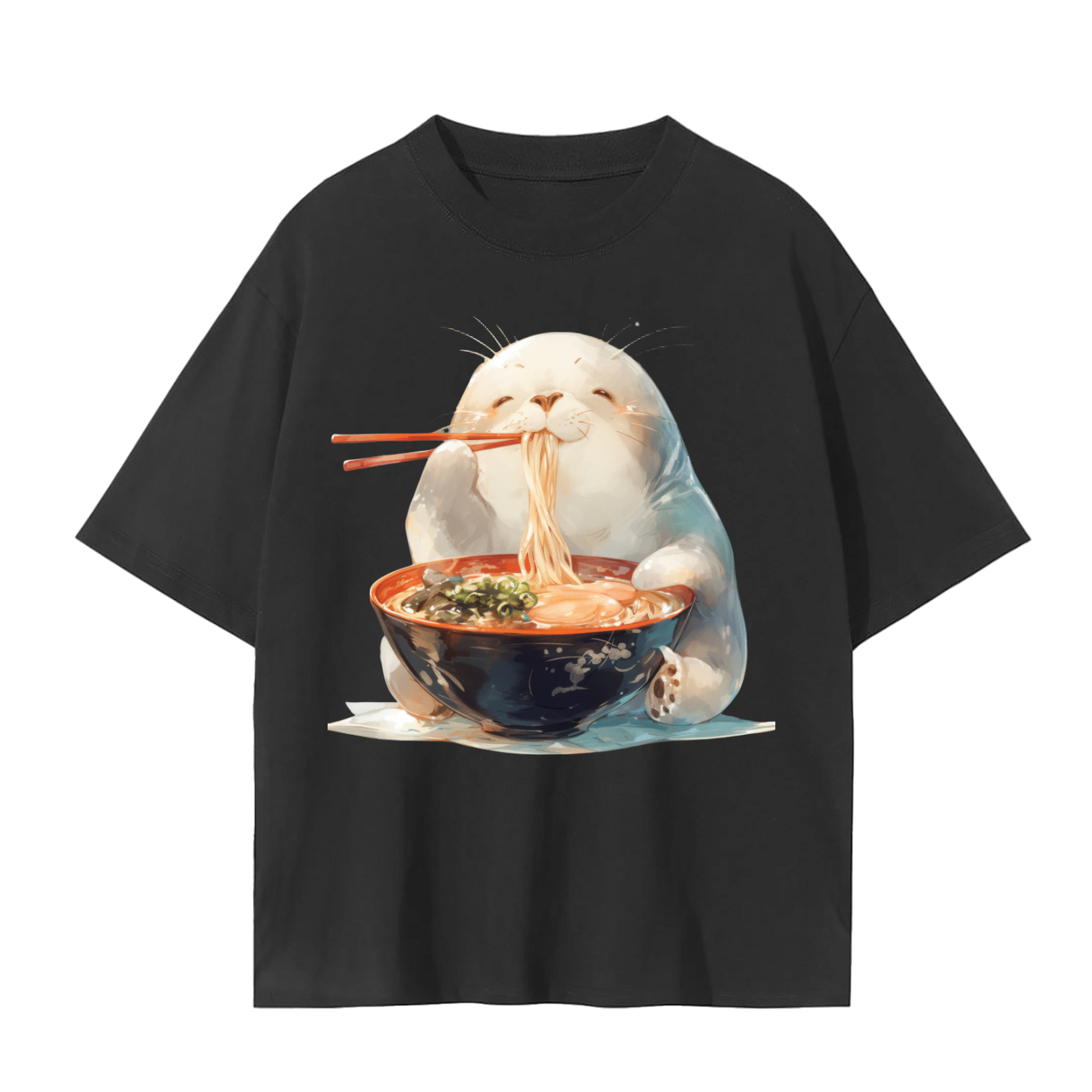 Happy Chibi Anime Seal Eating Ramen with Chopsticks Unisex Seamless T-Shirt