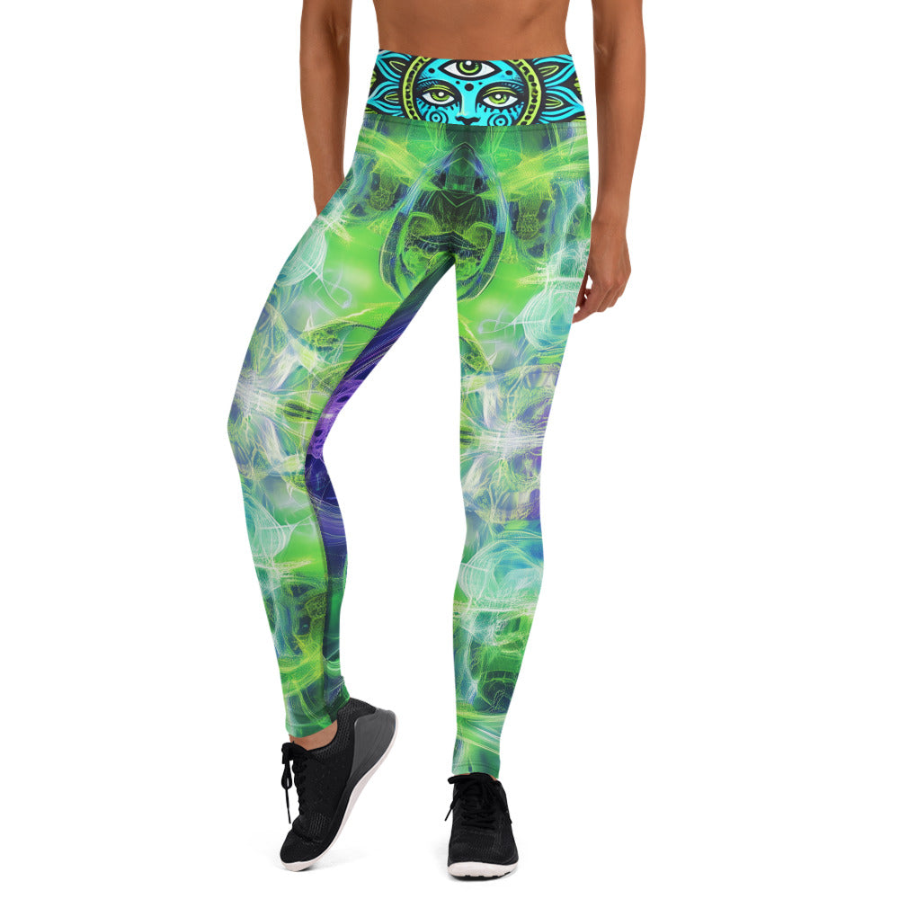 Green Lime White Blue Fractal Sacred Geometry Psy Festival Yoga All Over Print Leggings ShamanInk Threads