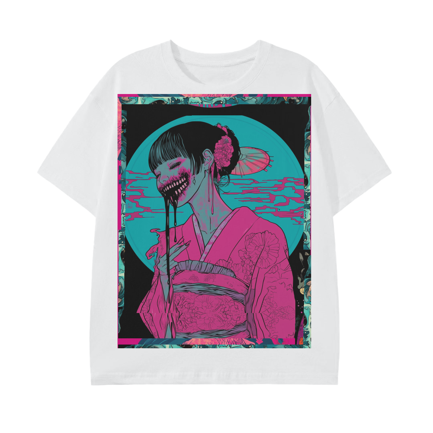 Kibuki Edo Pink Kimono Teal Moon Beach Night Dark Yokai Ohaguro Woman Unisex Classic T-Shirt - 180 GSM