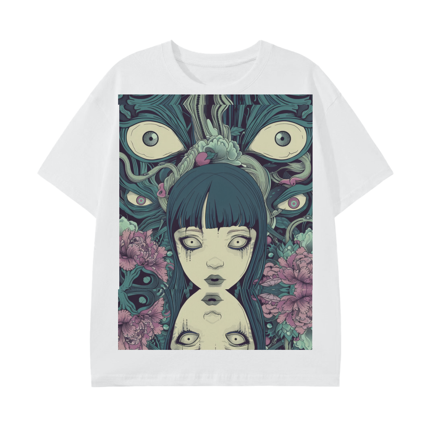 Octo eye Blue Yokai Horror Girl Double Vision Reflective Psychedelic Unisex Graphic Rave Classic T-Shirt -