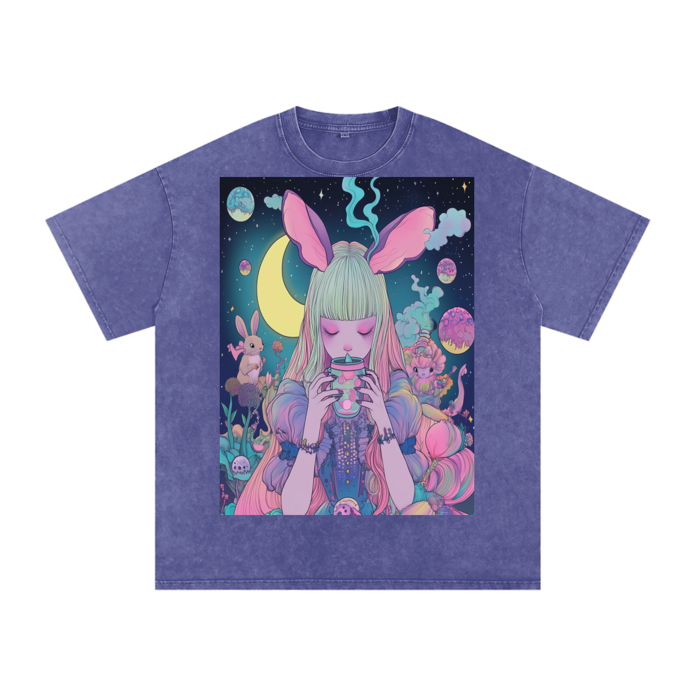 Tea Time Boba UV Pastel Alice SipTee by Moonlight Snow Washed Oversized Cotton T-Shirt