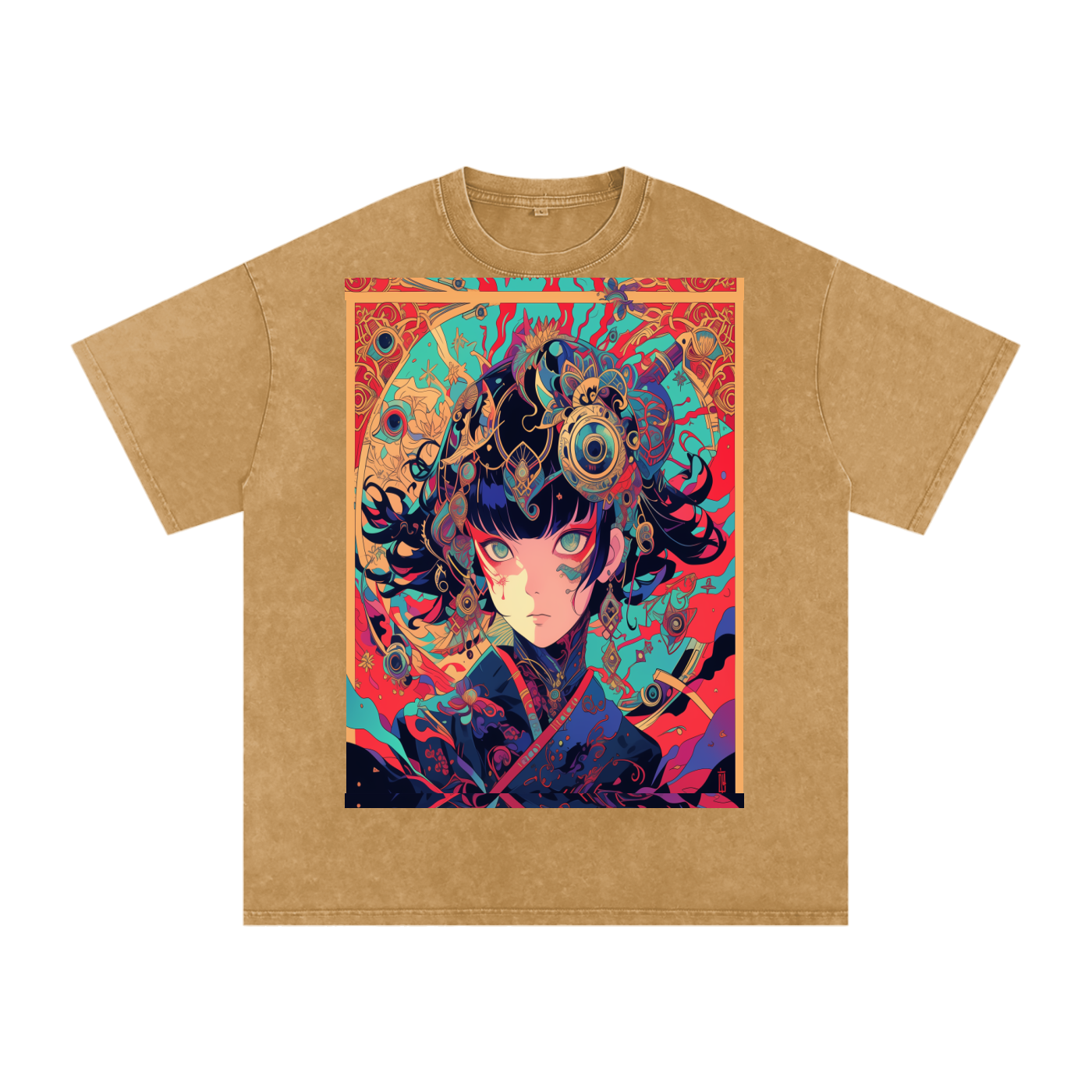 Red Fractal Kimono Anime Avant Lady hot colors Teal Moon Unisex Bordered fractal Tee| Bella Canvas Unisex Tee | Graphic Tee Print Snow Washed Oversized Cotton T-Shirt