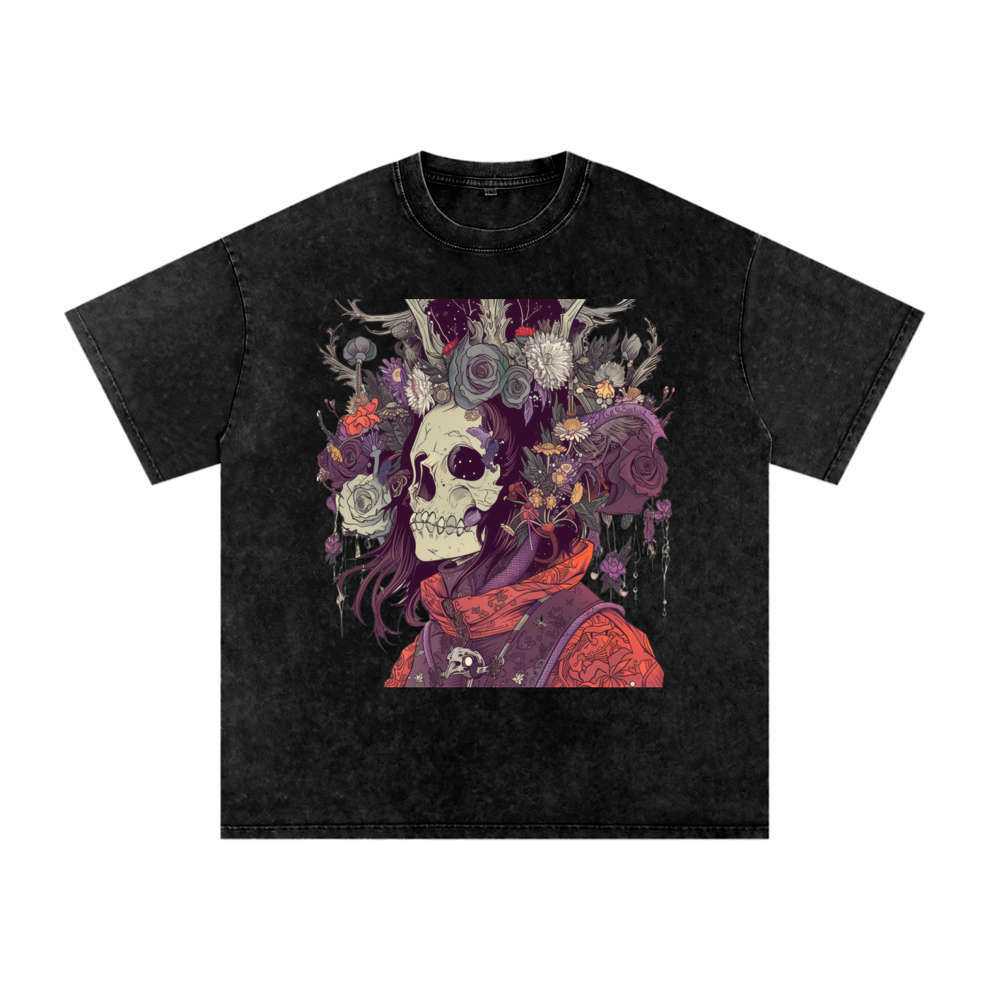 Skull Floral Sepia Warrior Tattoo Abstract Unisex graphic Tee Snow Washed Oversized Cotton T-Shirt