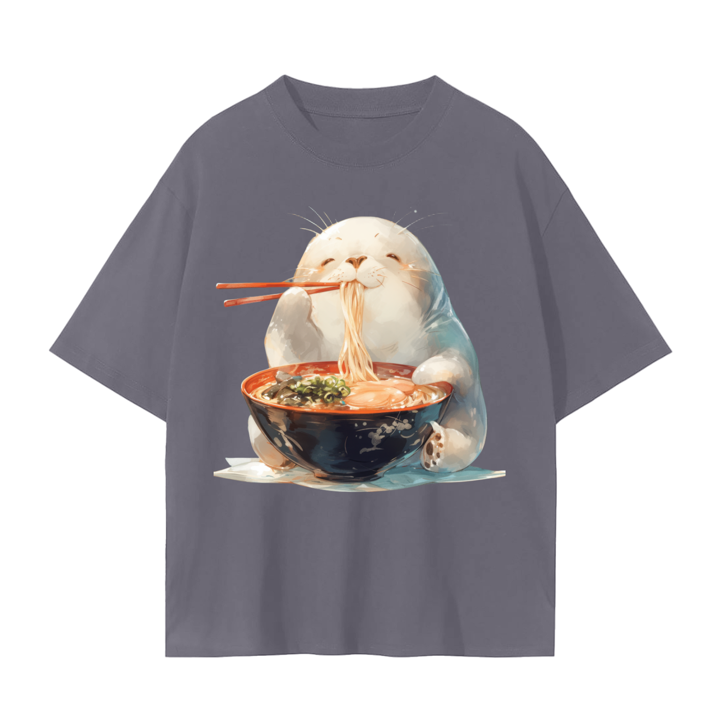 Happy Chibi Anime Seal Eating Ramen with Chopsticks Unisex Seamless T-Shirt