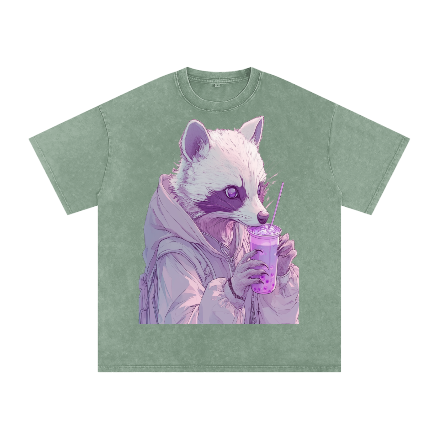 Pastel Pink Lavender Racoon Rainy Day Grunge Punk Anime Boba Tea Boyfriend fit Acid Wash Oversize T-Shirt - Cotton Acid Wash Oversize T-Shirt - 250 GSM