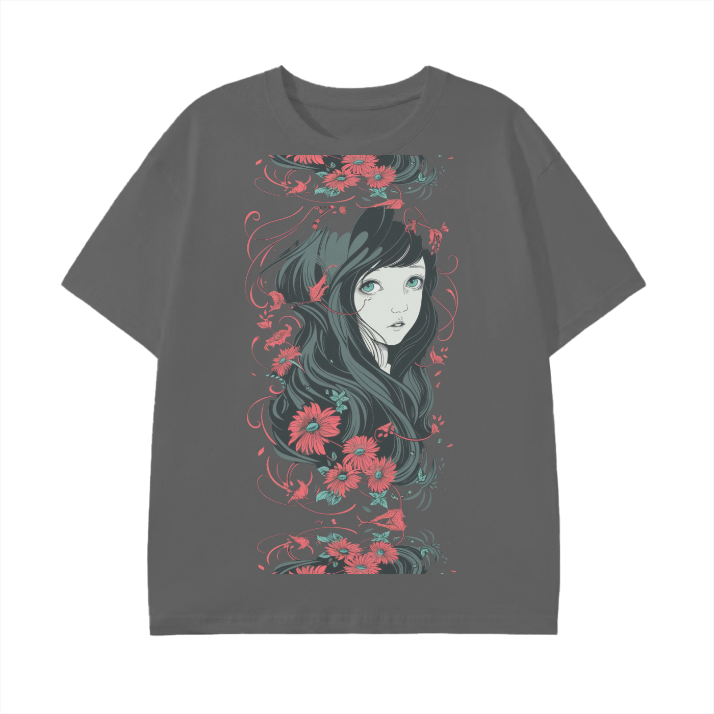 Black Charcoal Grey Floral Girl Profile Anime Unisex Reflective Mirror Profile Graphic Unisex Classic T-Shirt