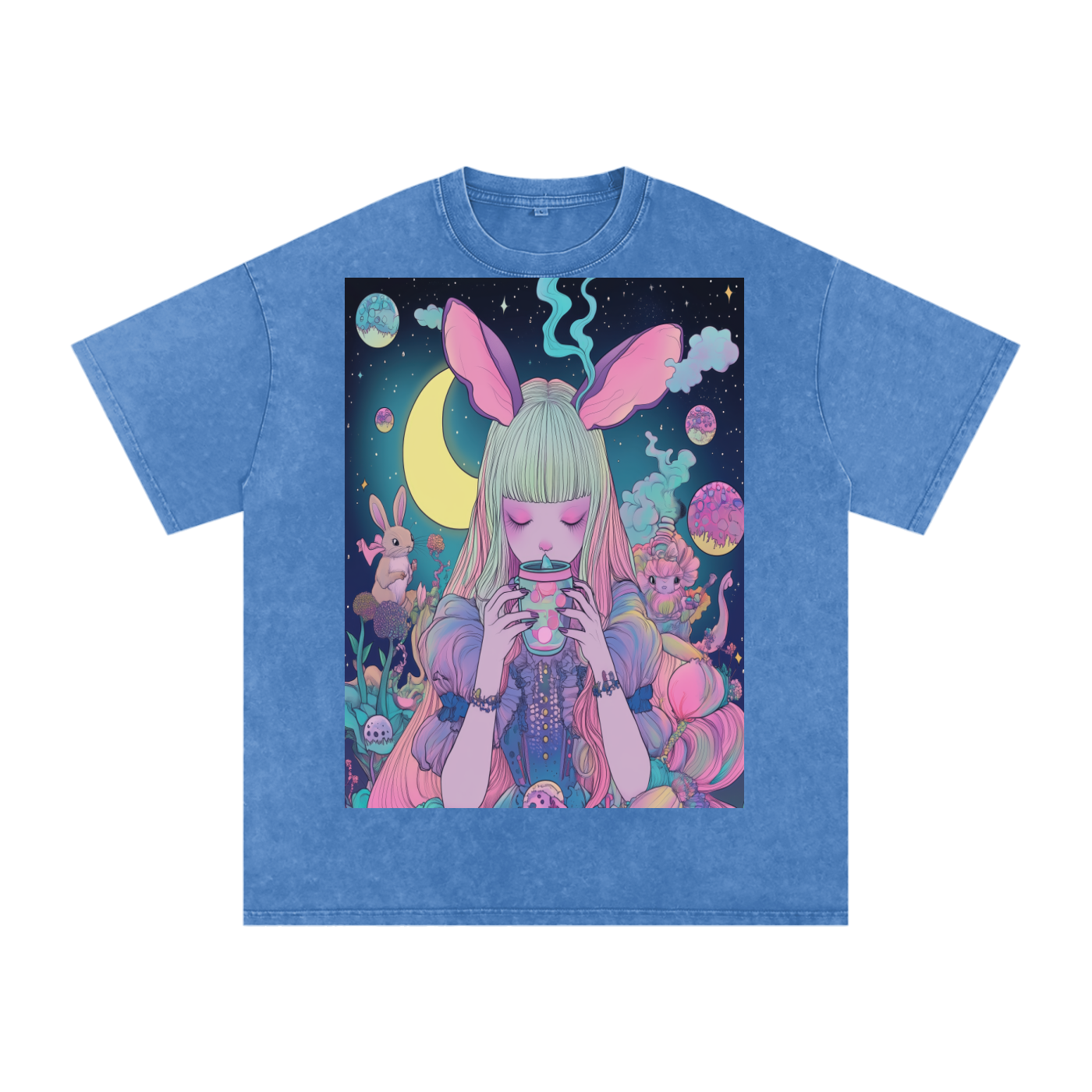 Tea Time Boba UV Pastel Alice SipTee by Moonlight Snow Washed Oversized Cotton T-Shirt