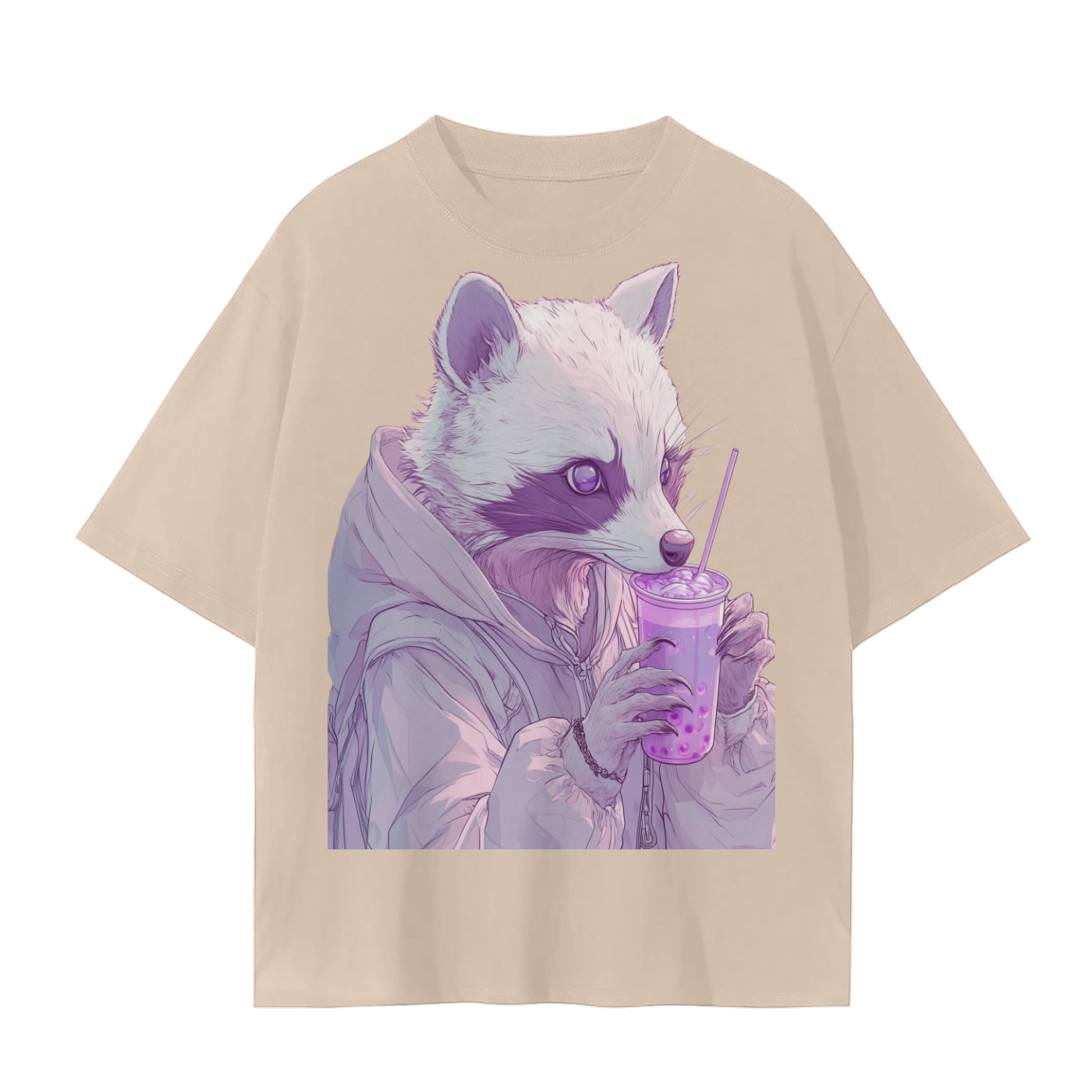 Pastel Pink Lavender Racoon Rainy Day Grunge Punk Anime Boba Tea - Cotton Unisex Seamless T-Shirt - 230 GSM