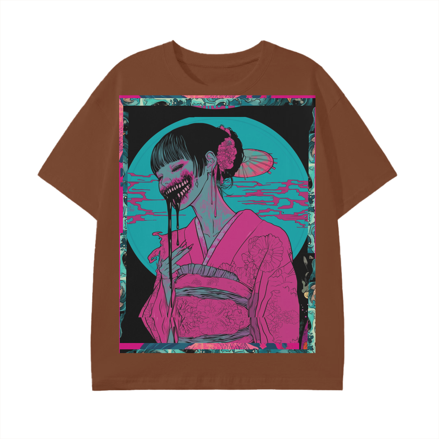 Kibuki Edo Pink Kimono Teal Moon Beach Night Dark Yokai Ohaguro Woman Unisex Classic T-Shirt - 180 GSM