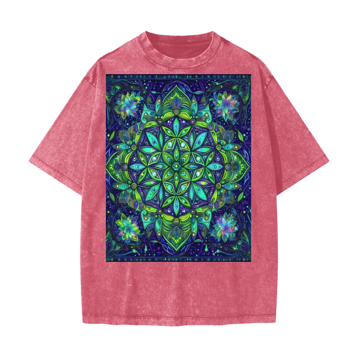 Lime Neon Blue Ice Snowflake Mandala Heart Chakra Sacred Geometry Burst Festival Psy Streetwear American Vintage Waxed Dyed Washed Heavyweight 100% Cotton T-Shirt