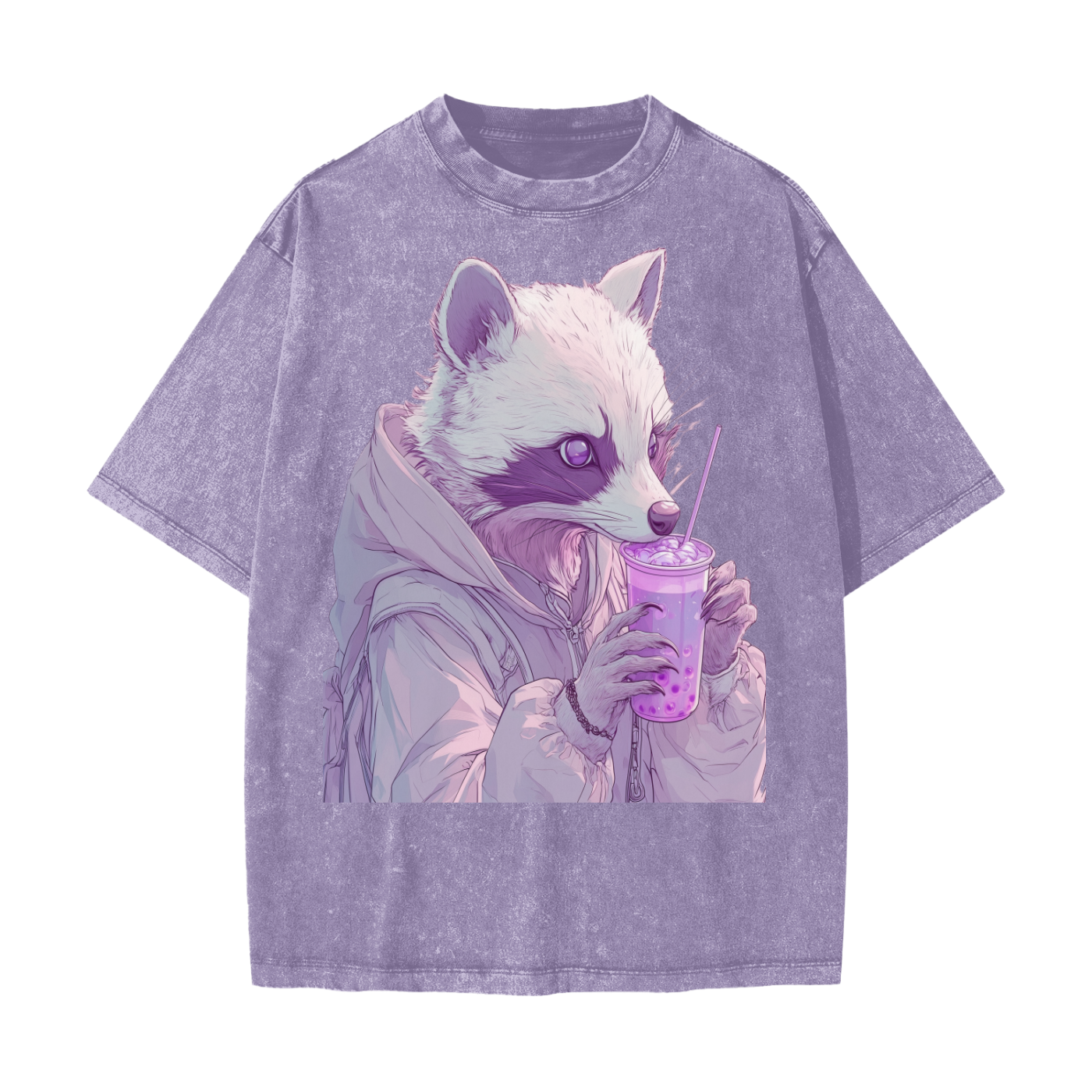 Pastel Pink Lavender Racoon Rainy Day Grunge Punk Anime Boba Tea Boyfriend fit Acid Wash Oversize T-Shirt - CottonHeavyweight Snow Washed T-Shirt