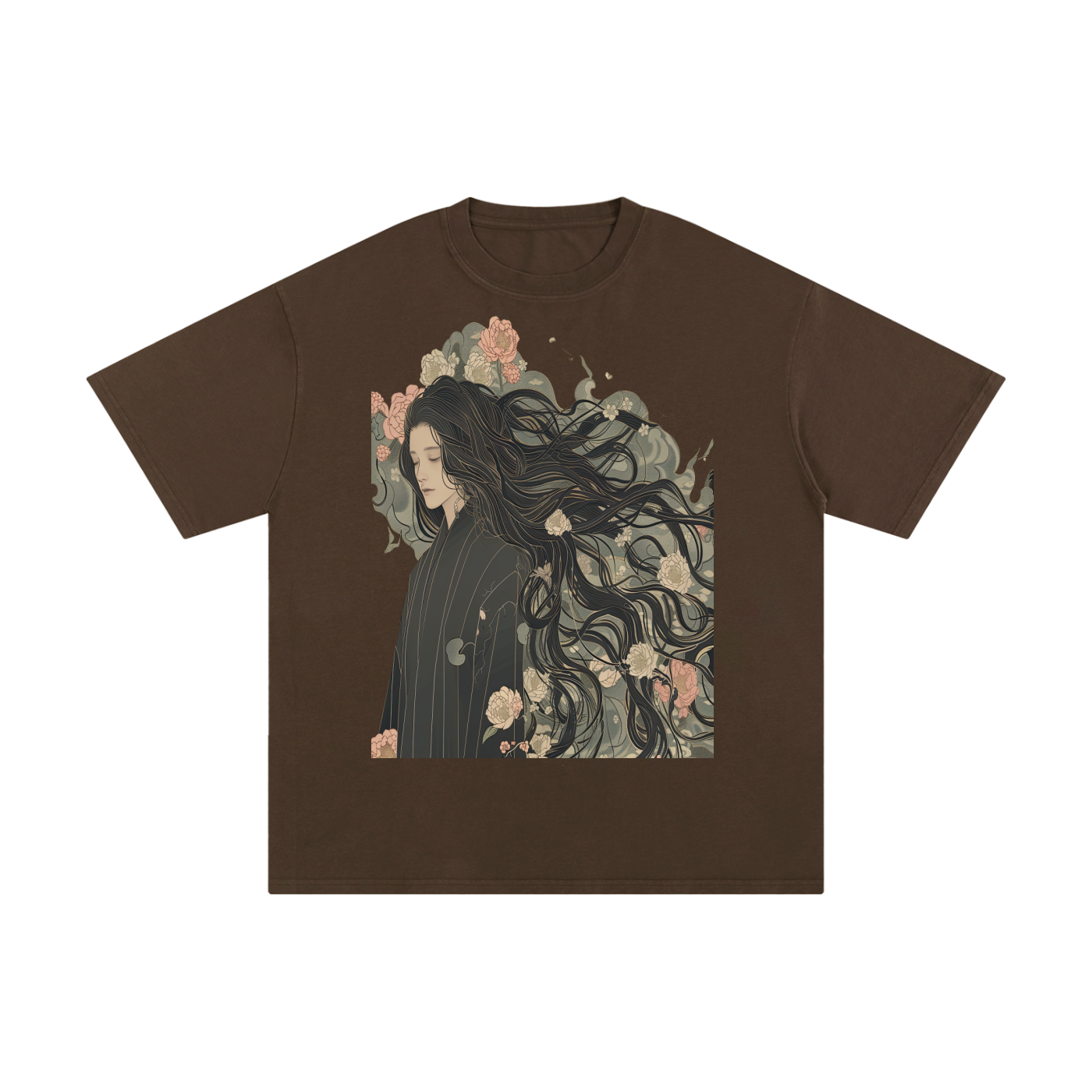 Floral Grey Elegant Cherry Blossom Kimono Man long hair Pure Cotton T-Shirt