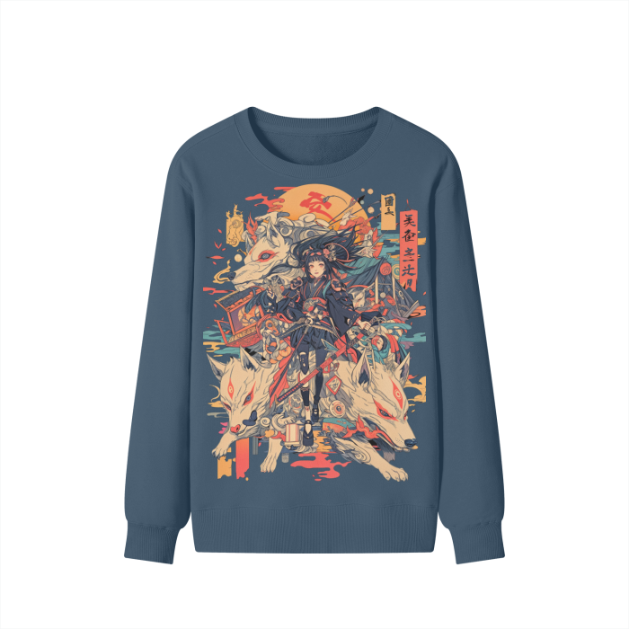 Sepia Fox Yokai Samurai Scroll Girl Streetwear Pullover Classic Sweater - 300 GSM