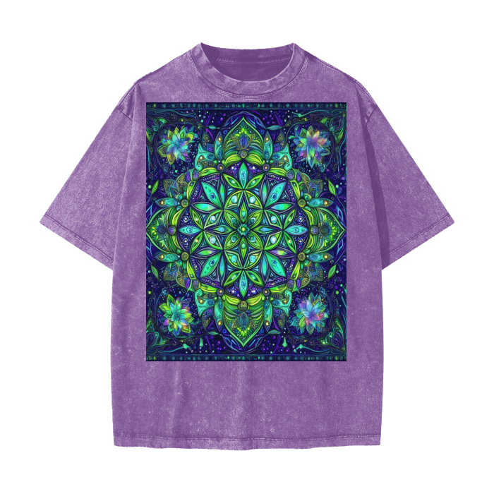 Lime Neon Blue Ice Snowflake Mandala Heart Chakra Sacred Geometry Burst Festival Psy Streetwear American Vintage Waxed Dyed Washed Heavyweight 100% Cotton T-Shirt
