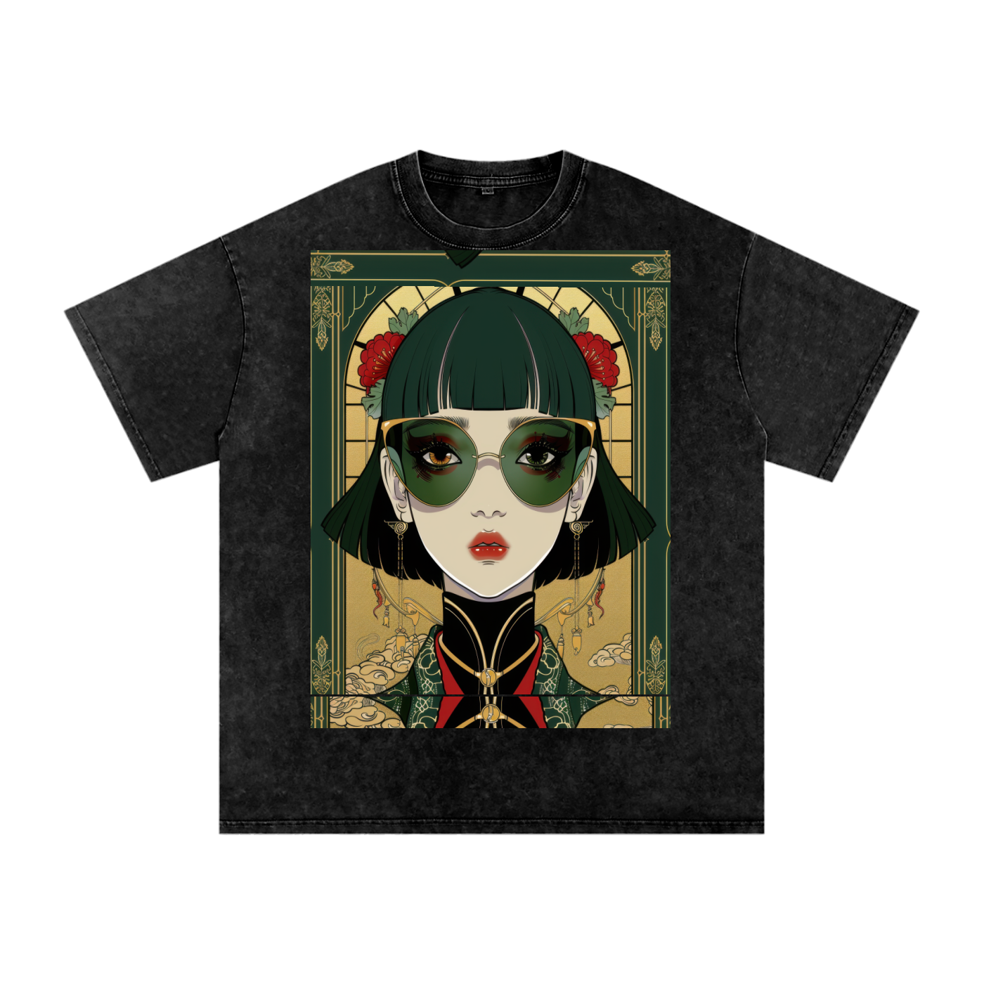 Green Steam Punk Avant Anime lady Unisex Tee Snow Washed Oversized Cotton T-Shirt