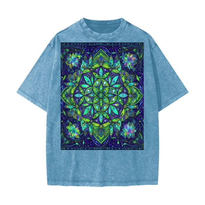 Lime Neon Blue Ice Snowflake Mandala Heart Chakra Sacred Geometry Burst Festival Psy Streetwear American Vintage Waxed Dyed Washed Heavyweight 100% Cotton T-Shirt