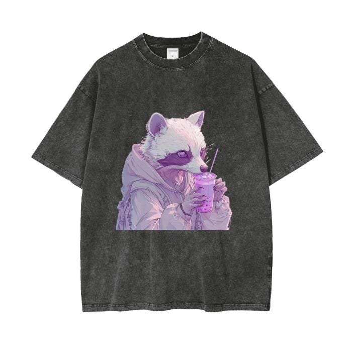 Pastel Pink Lavender Racoon Rainy Day Grunge Punk Anime Boba Tea Boyfriend fit Acid Wash Oversize T-Shirt - 250 GSM