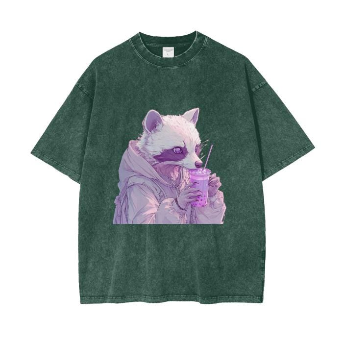 Pastel Pink Lavender Racoon Rainy Day Grunge Punk Anime Boba Tea Boyfriend fit Acid Wash Oversize T-Shirt - 250 GSM