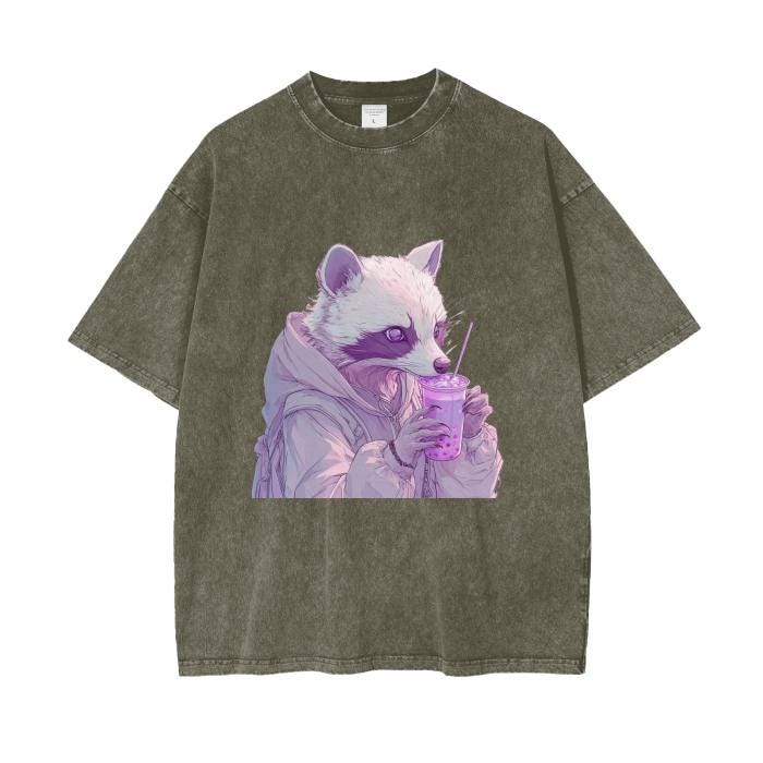 Pastel Pink Lavender Racoon Rainy Day Grunge Punk Anime Boba Tea Boyfriend fit Acid Wash Oversize T-Shirt - 250 GSM