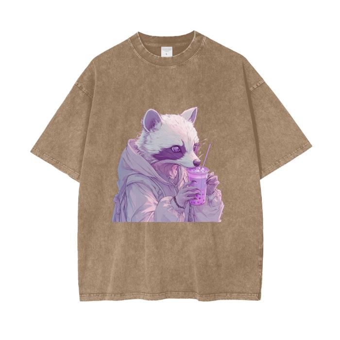 Pastel Pink Lavender Racoon Rainy Day Grunge Punk Anime Boba Tea Boyfriend fit Acid Wash Oversize T-Shirt - 250 GSM