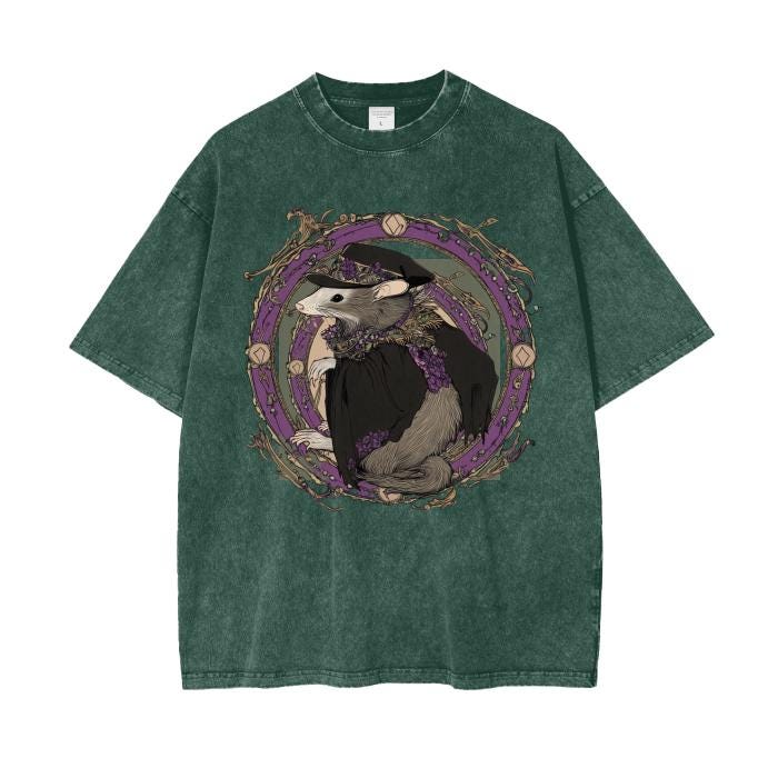 Opossum Orleans Art Nouveau Purple Floral Street Witch Docter Boyfriend Fit Acid Wash Oversize T-Shirt -