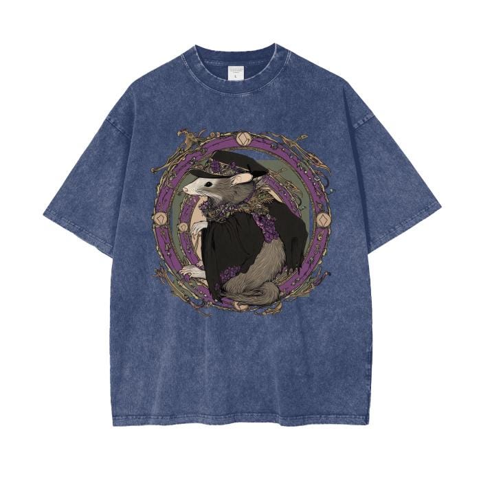 Opossum Orleans Art Nouveau Purple Floral Street Witch Docter Boyfriend Fit Acid Wash Oversize T-Shirt -