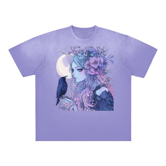 lilac Lavender Anime Floral Witch Crow Moon Harvest Witchy Goddess Boyfriend Fit Vintage Washed Shoulder & Body White Gradient on Aged Fraye