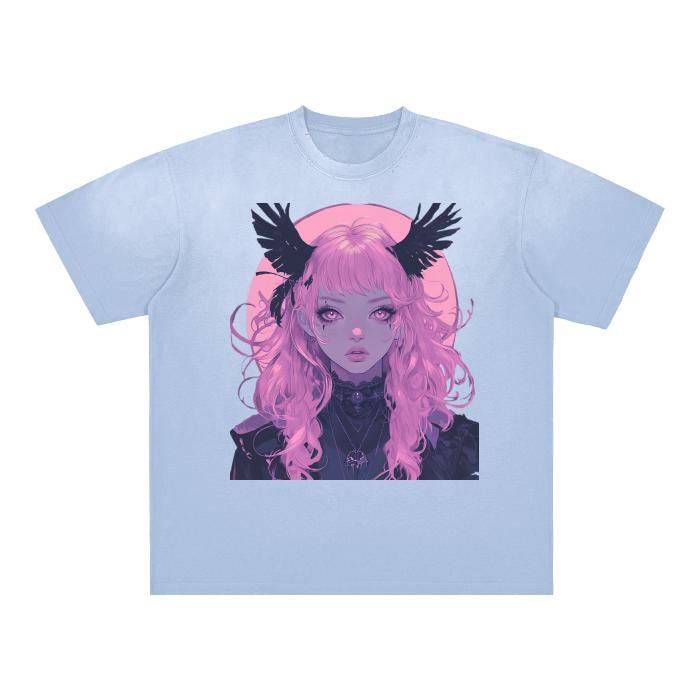 Anime Pastel Goth Bat Full Moon Light Witch Goddess Vintage Washed Boyfriend Fit Grunge Distressed Shoulder & Body White Gradient on Aged Fr