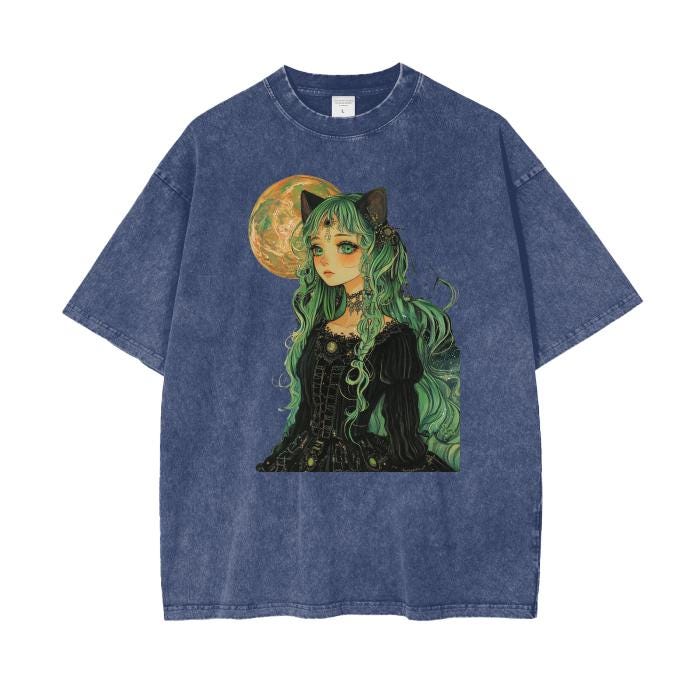 Emerald Mint Gothic Anime Cat Ear Yokai Witch Lady Full Moon Lit Night Boyfriend Fit Grunge Punk Y2K Pastel Goth Acid Wash Oversize T-Shirt