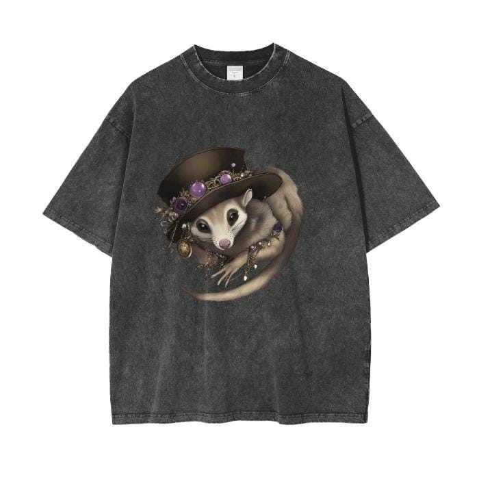 Opossum Tarot Top Hat Gypsy Seer Boyfriend Fit Acid Wash Oversize T-Shirt - 250 GSM