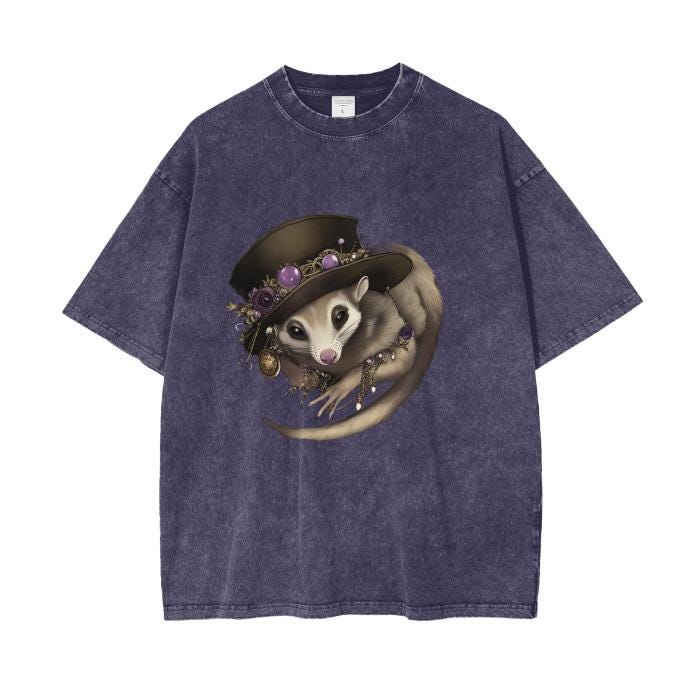 Opossum Tarot Top Hat Gypsy Seer Boyfriend Fit Acid Wash Oversize T-Shirt - 250 GSM