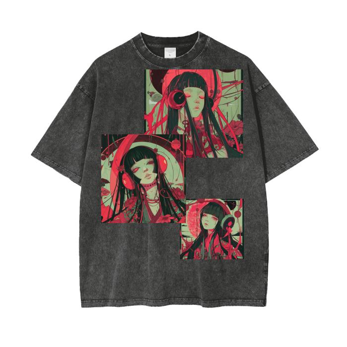 Goth Rave PInk Magenta Light Anime Girl DJ Grunge Punk Pastel Goth Boyfriend Fit Acid Wash Oversize T-Shirt - 250 GSM