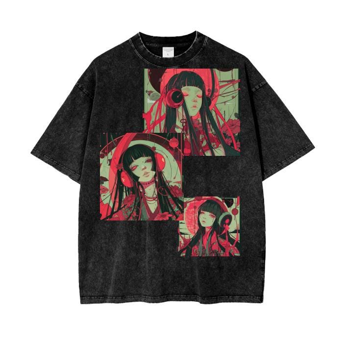 Goth Rave PInk Magenta Light Anime Girl DJ Grunge Punk Pastel Goth Boyfriend Fit Acid Wash Oversize T-Shirt - 250 GSM