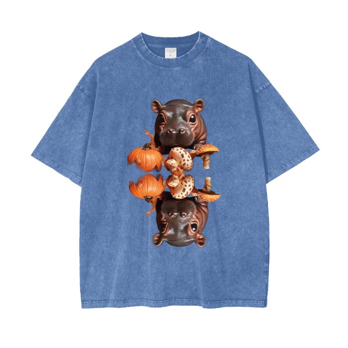 Baby Pygmy Hippo Apporaches Behind Fall Pumpkin Mushroom Reflection Lake Woods Boyfriend Fit Streetwear Grunge Punk Acid Wash Oversize T-Shi