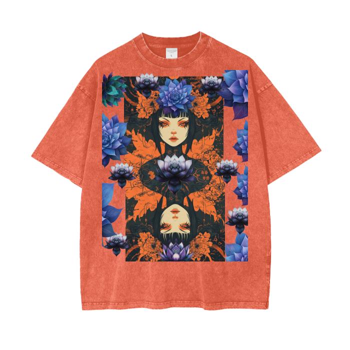 Asian Anime Rustic Grunge Blue Lotus Floral Reflective Psychedelia Horror Smoke Goddess Boyfriend Fit Punk Goth Acid Wash Oversize T-Shirt -