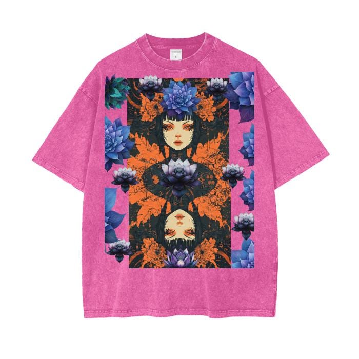 Asian Anime Rustic Grunge Blue Lotus Floral Reflective Psychedelia Horror Smoke Goddess Boyfriend Fit Punk Goth Acid Wash Oversize T-Shirt -