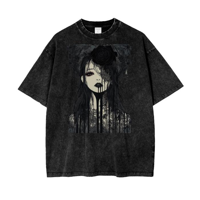 Dark Gothic Anime AcidWash Tee Rose Drip Graphic Oversized Unisex TShirt