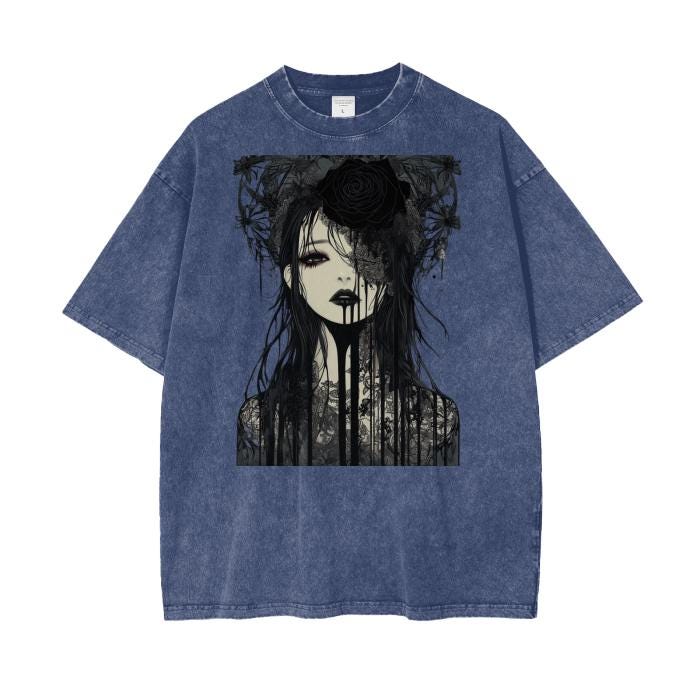 Dark Gothic Anime AcidWash Tee Rose Drip Graphic Oversized Unisex TShirt