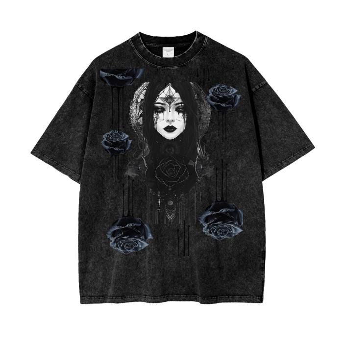 Black Rose Ink Drip Fractal Gothic Renassiance Anime Metal Lady Grunge Punk Boyfriend Fit Punk Acid Wash Oversize T-Shirt - 250 GSM