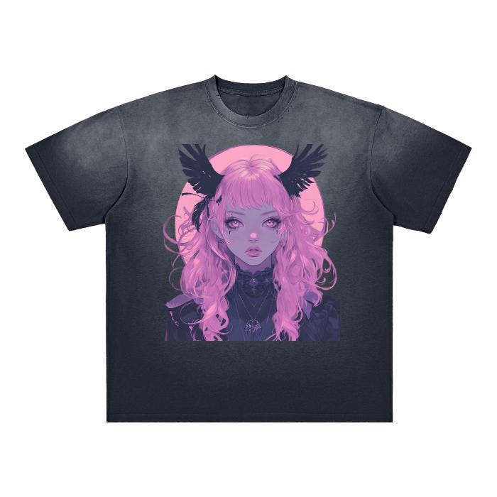 Anime Pastel Goth Bat Full Moon Light Witch Goddess Vintage Washed Boyfriend Fit Grunge Distressed Shoulder & Body White Gradient on Aged Fr