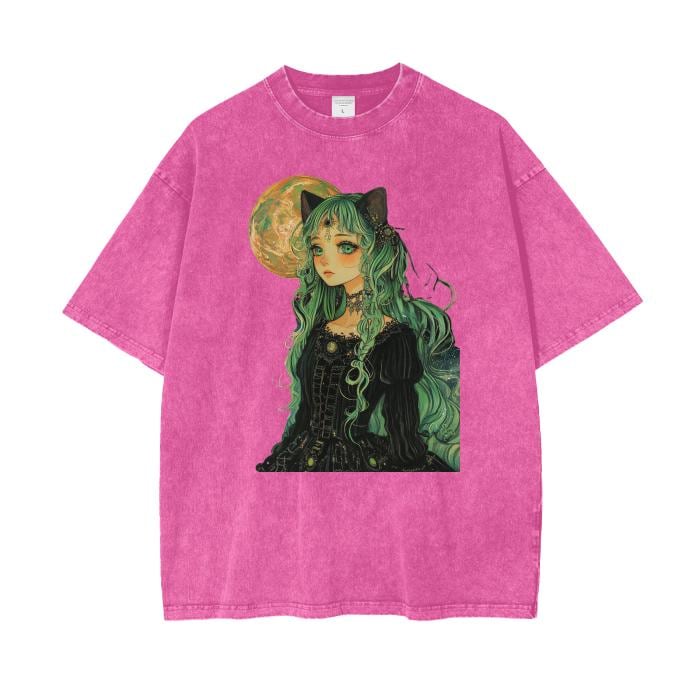 Emerald Mint Gothic Anime Cat Ear Yokai Witch Lady Full Moon Lit Night Boyfriend Fit Grunge Punk Y2K Pastel Goth Acid Wash Oversize T-Shirt