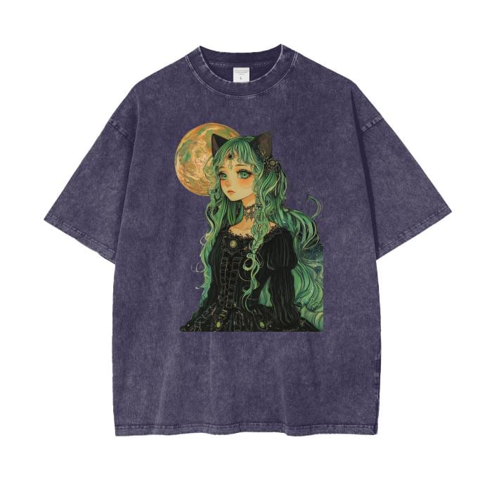 Emerald Mint Gothic Anime Cat Ear Yokai Witch Lady Full Moon Lit Night Boyfriend Fit Grunge Punk Y2K Pastel Goth Acid Wash Oversize T-Shirt