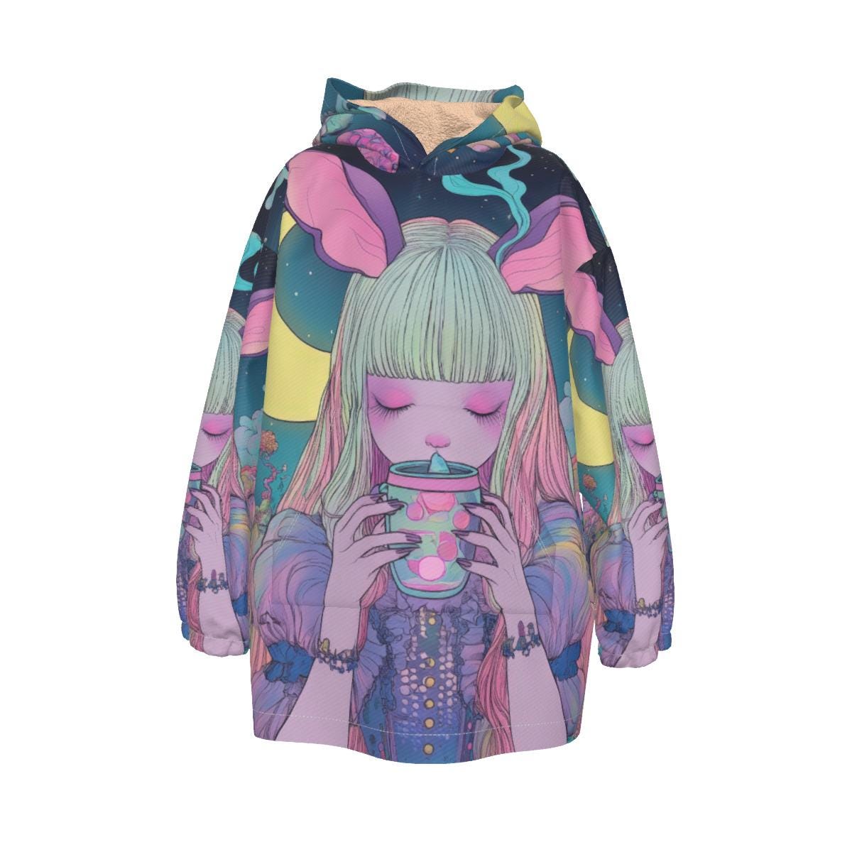 Pastel multicolor hoodie blanket featuring bunny and boba tea print, UV reactive sherpa fleece for cozy festival wear.