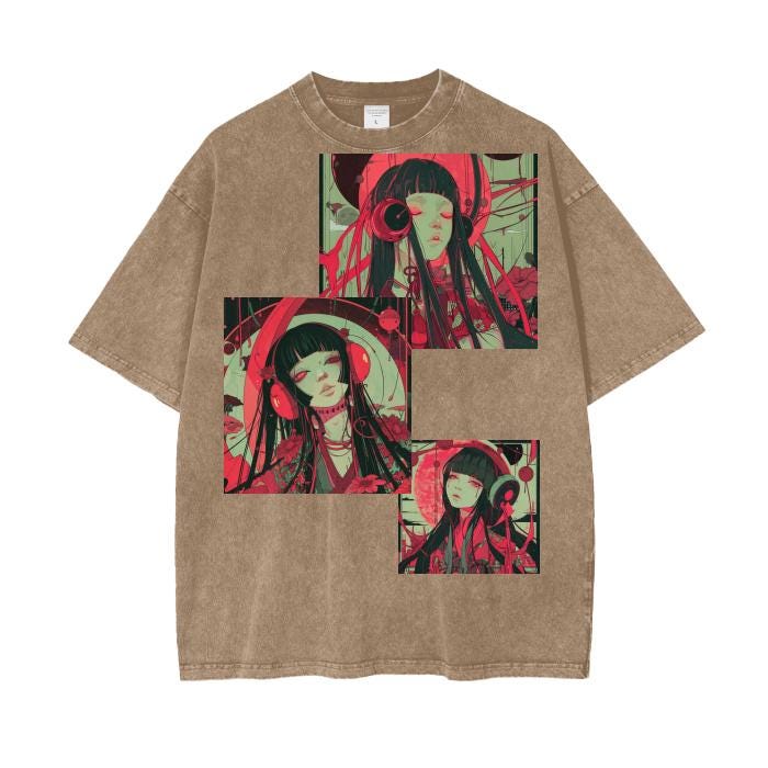 Goth Rave PInk Magenta Light Anime Girl DJ Grunge Punk Pastel Goth Boyfriend Fit Acid Wash Oversize T-Shirt - 250 GSM