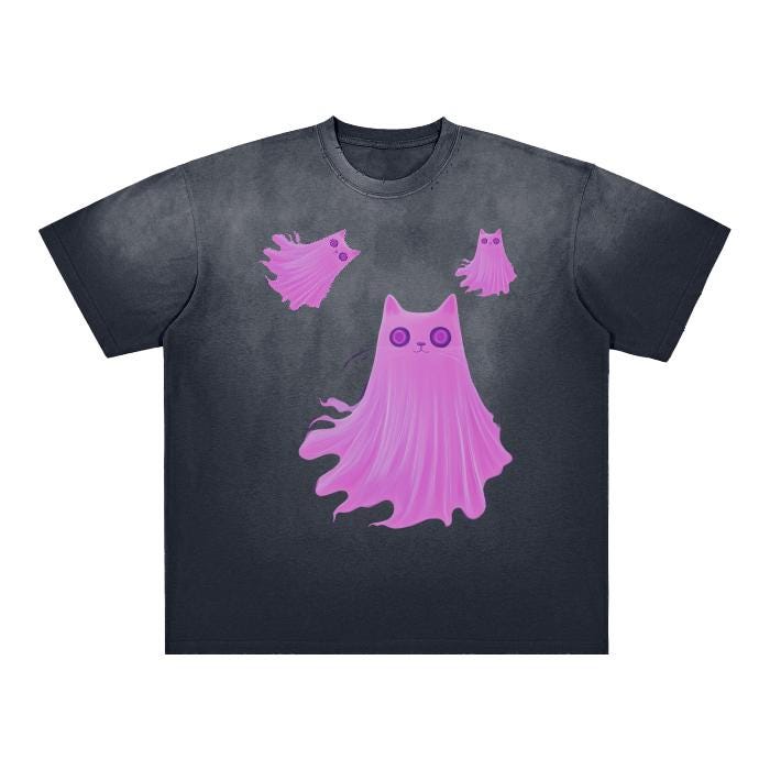Pastel UV Neon Pink Floating Foggy Cat Ghost Grunge Punk Goth Halloween Rave Boyfriend FIt Vintage Washed Shoulder & Body White Gradient on