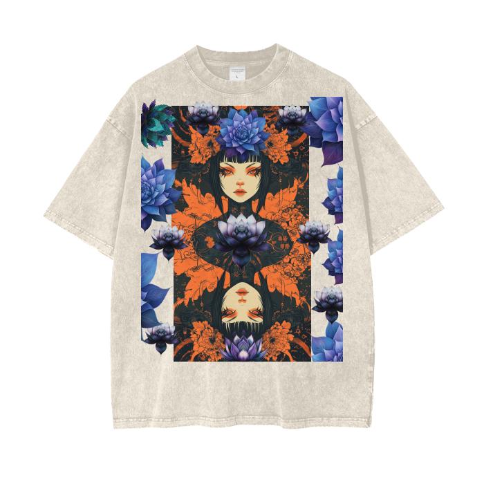 Asian Anime Rustic Grunge Blue Lotus Floral Reflective Psychedelia Horror Smoke Goddess Boyfriend Fit Punk Goth Acid Wash Oversize T-Shirt -