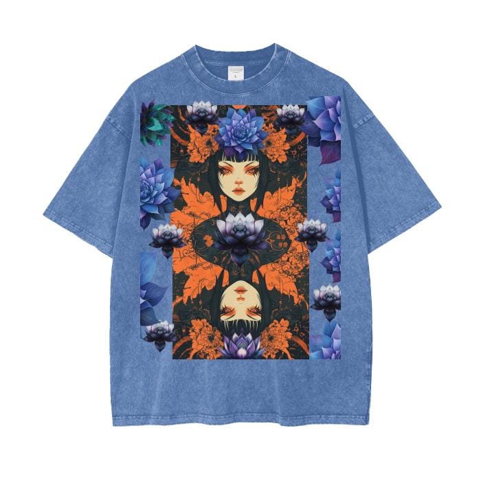 Asian Anime Rustic Grunge Blue Lotus Floral Reflective Psychedelia Horror Smoke Goddess Boyfriend Fit Punk Goth Acid Wash Oversize T-Shirt -